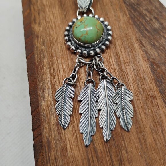 Southwest Green Turquoise Sterling Silver Feather Dangle Pendant Statement - Picture 4 of 9